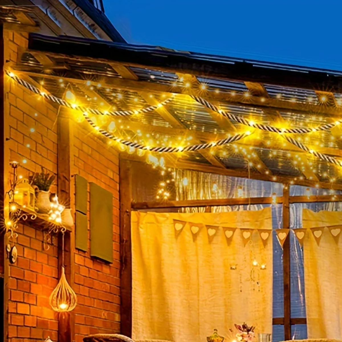 Solar LED String Lights 16 ft Hemp Rope 100 Bulbs 8-Color Modes Outdoor Garden Patio Deck Waterproof Auto On/Off for Backyard Party Wedding