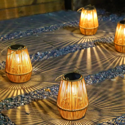 Solar Hanging Lantern Woven Wicker Style 8in Weatherproof LED Light for Patio Garden Balcony Porch Outdoor Spaces Cordless Automatic Dusk Da