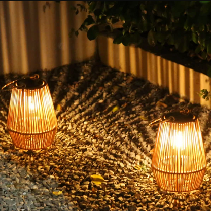 Solar Hanging Lantern Woven Wicker Style 8in Weatherproof LED Light for Patio Garden Balcony Porch Outdoor Spaces Cordless Automatic Dusk Da