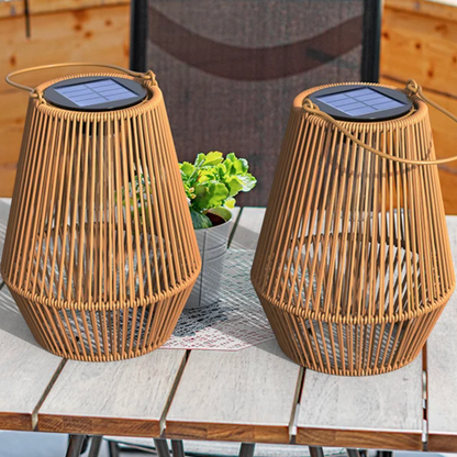 Solar Hanging Lantern Woven Wicker Style 8in Weatherproof LED Light for Patio Garden Balcony Porch Outdoor Spaces Cordless Automatic Dusk Da