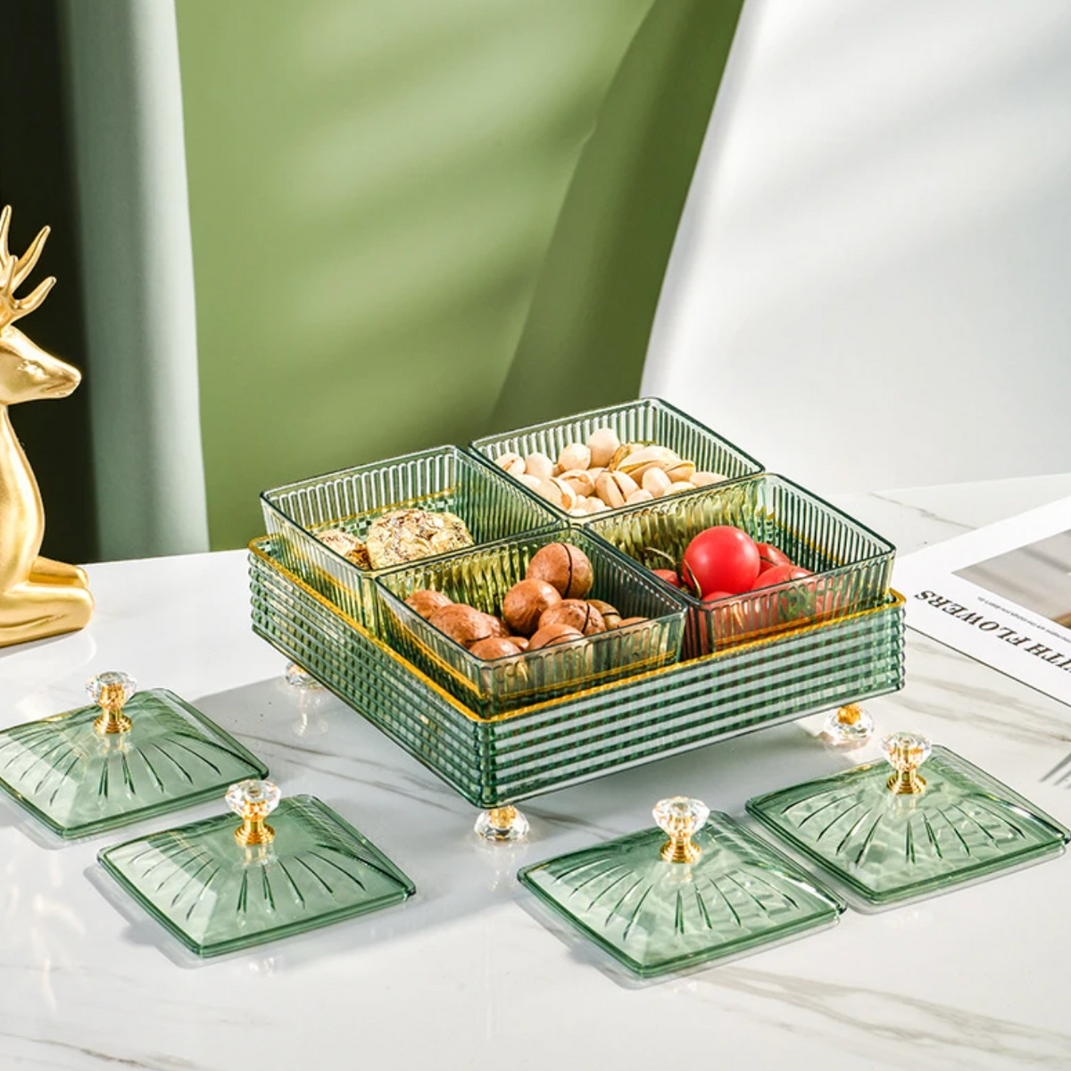Rotating Serving Tray with Compartments for Appetizers Candy Nuts Dry Fruit Entertaining Parties Hosting Guests Kitchen Organization Table C