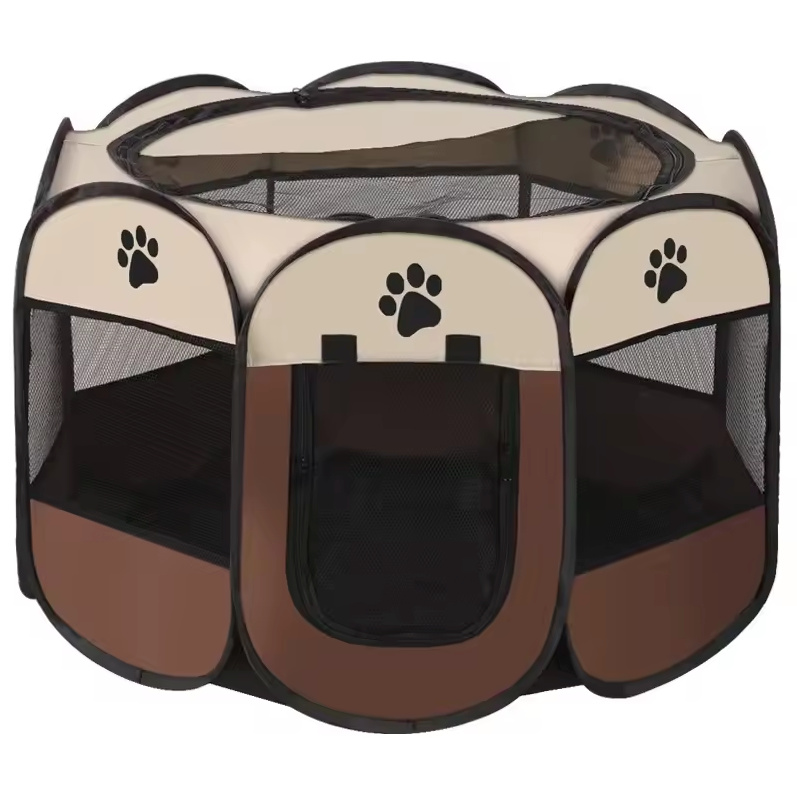 Collapsible Octagonal Dog Pen Steel Frame 45 in Gray Brown Puppy Containment for Home Garden Travel Cat Crate Mesh Visibility Easy Setup
