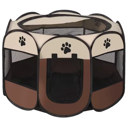 Collapsible Octagonal Dog Pen Steel Frame 45 in Gray Brown Puppy Containment for Home Garden Travel Cat Crate Mesh Visibility Easy Setup