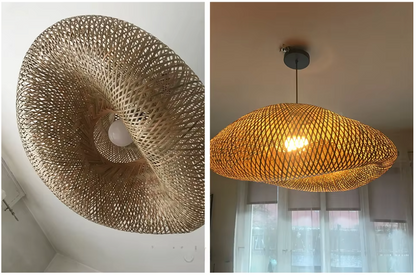 Woven Rattan Dome Ceiling Fixture 31.5-Inch Natural Finish Ambient Overhead Light E27 Socket for Dining Kitchen Island Living Room Scandinav