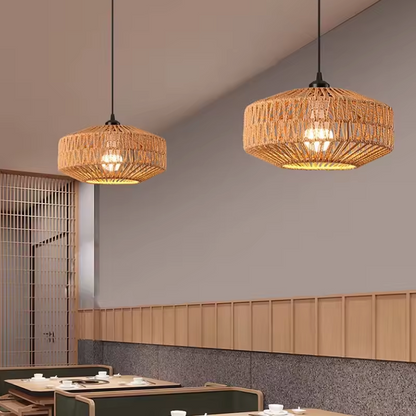 Woven Rattan Hanging Light with E27 Socket in Brown for Kitchen Island & Dining Table | Handcrafted Open-Weave Ceiling Fixture
