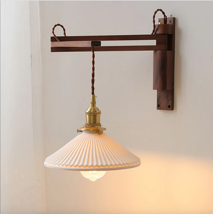 Swing Arm Ceramic Wall Sconce with Wood Bracket and Knob Switch for Bedroom Hallway Reading Nook Vintage Plug-In Lighting