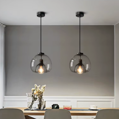 Gray Tinted Glass Drop Light with Adjustable 59-Inch Cord for Kitchen Island, Dining Area & Bedroom – E27 Socket Ceiling Fixture
