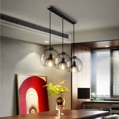 Gray Tinted Glass Drop Light with Adjustable 59-Inch Cord for Kitchen Island, Dining Area & Bedroom – E27 Socket Ceiling Fixture