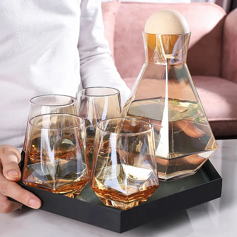 Geometric Glass Pitcher and Tumbler Set for Cocktails, Water & Juice – 5-Piece Beverage Serving Collection with Wooden Stopper
