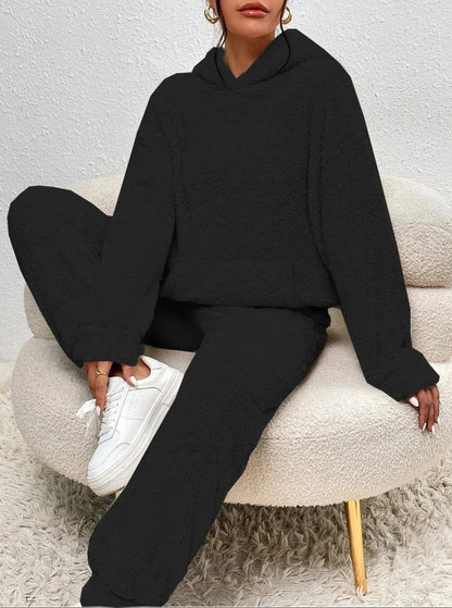 Hooded Teddy Fleece Loungewear Set for Women – Two-Piece Oversized Sweatsuit with Pocket – Cozy Winter Homewear Outfit