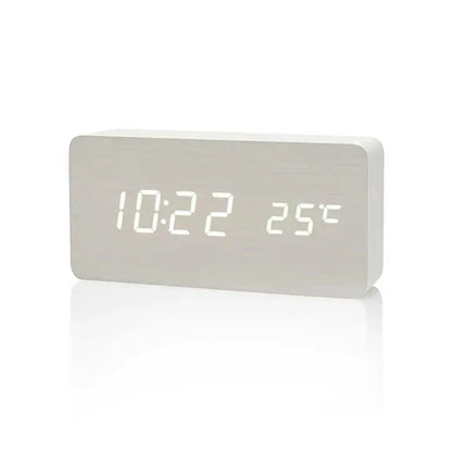 Réveil numérique à LED avec triple alarme, affichage de la température, réglage de la luminosité, finition grain de bois, alimentation USB, pour chambre, bureau, table de chevet