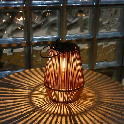 Woven Basket Lantern with Solar LED Light Outdoor Hanging Decor 8 in for Patio Garden Deck Yard Porch Balcony Table Cordless Battery-Free Wa