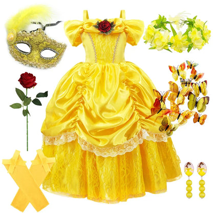 Girls Princess Gown Costume with Tiara and Gloves – Complete Belle-Inspired Dress-Up Set for Birthday Parties, Halloween, Cosplay & Special