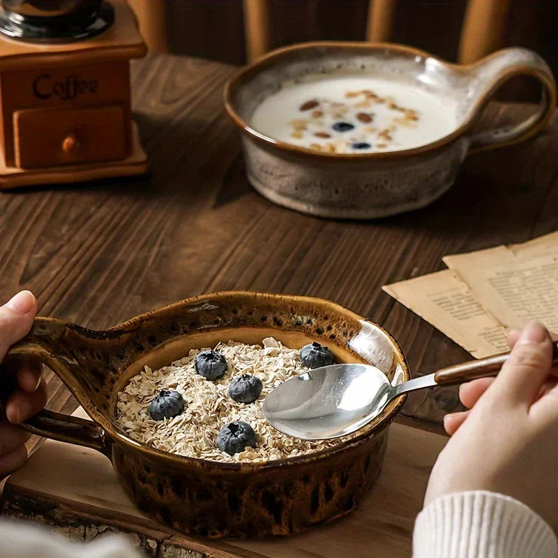 Stoneware Breakfast Bowl with Handle 6-Inch Diameter Artisan Ceramic Serving Dish for Soup Salad Oatmeal Tableware