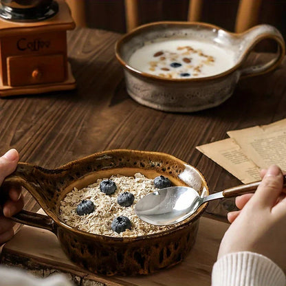 Stoneware Breakfast Bowl with Handle 6-Inch Diameter Artisan Ceramic Serving Dish for Soup Salad Oatmeal Tableware