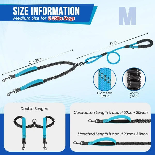 Dual Dog Leash with 360° Swivel and Shock Absorption Feature