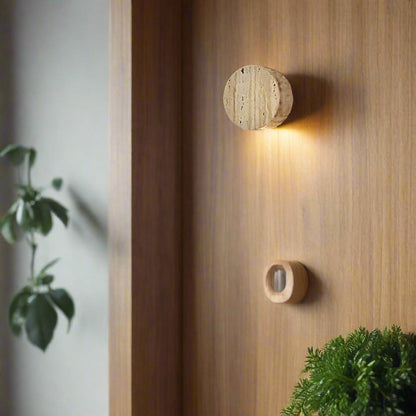 Travertine Stone Wall Sconce Round Frosted Glass Up Down Light Fixture 4 Inch Natural Stone Ambient Lighting Bedroom Hallway Entryway Bathro