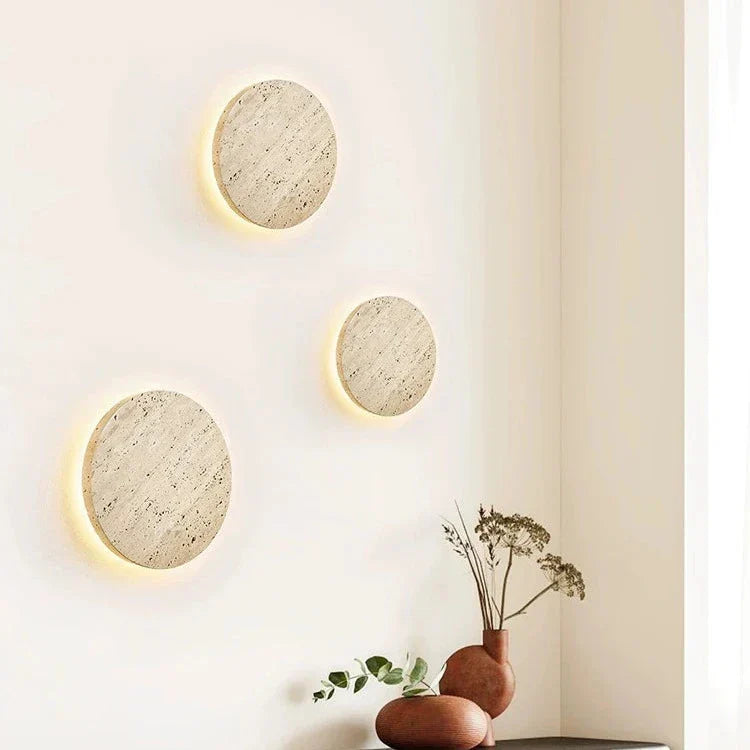 Round Stone Wall Sconce with Integrated Warm LED Light for Bedroom Hallway Living Room Modern Minimalist Travertine Fixture Indoor Ambient L