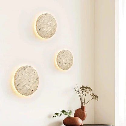 Round Stone Wall Sconce with Integrated Warm LED Light for Bedroom Hallway Living Room Modern Minimalist Travertine Fixture Indoor Ambient L