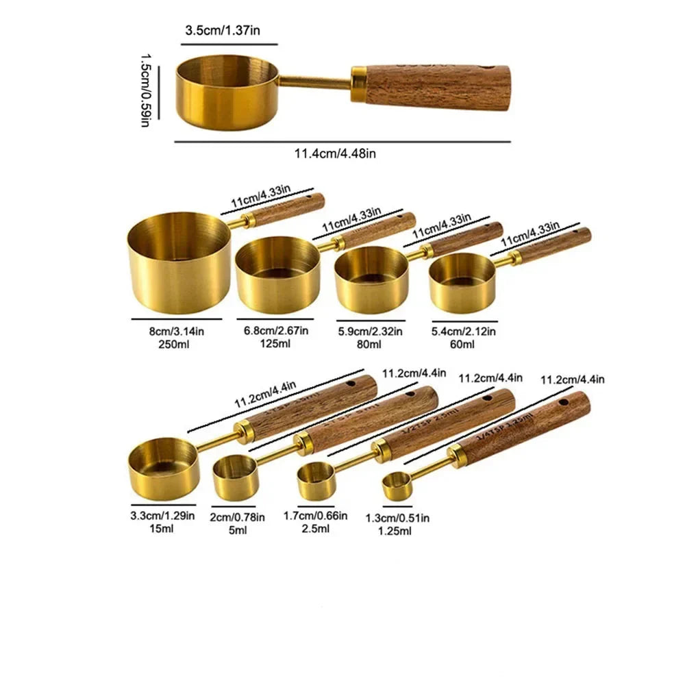 8-Piece Nesting Kitchen Measuring Spoons with Wood Handles Stainless Steel Cooking Baking Tools Set