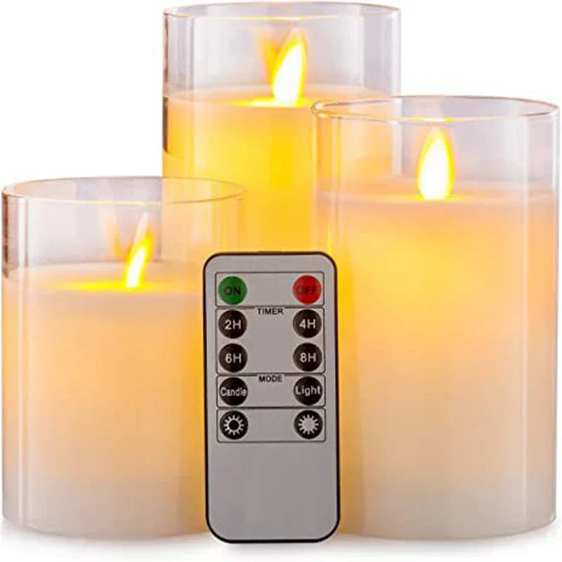 Battery-Operated LED Pillar Candles with Remote Control Timer Set of 3 Realistic Flickering Light Amber Smoke Clear Glass for Dining Room Be