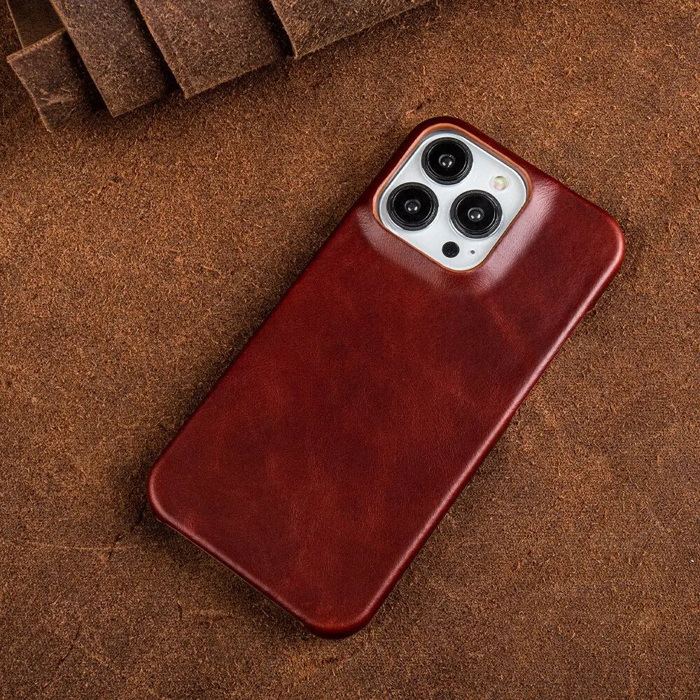 Handcrafted Full-Grain Cowhide iPhone Case – Shock-Absorbing Edge Protection with Raised Camera Lip and Port Precision
