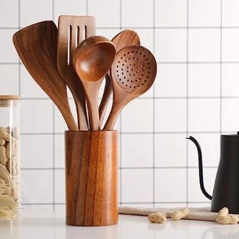 Natural Teak Wood Cooking Utensil Set for Kitchen & Dining | Eco-Friendly Solid Hardwood Spatula Spoon Tool Collection | Heat-Resistant