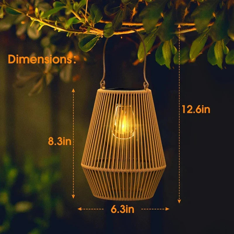 Woven Basket Lantern with Solar LED Light Outdoor Hanging Decor 8 in for Patio Garden Deck Yard Porch Balcony Table Cordless Battery-Free Wa