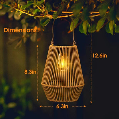 Woven Basket Lantern with Solar LED Light Outdoor Hanging Decor 8 in for Patio Garden Deck Yard Porch Balcony Table Cordless Battery-Free Wa