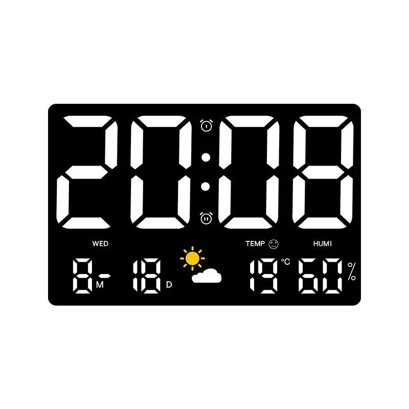 Réveil LED avec affichage météo 9,8 pouces, moniteur de température et d'humidité, télécommande, horloge numérique murale ou de bureau pour chambre et bureau