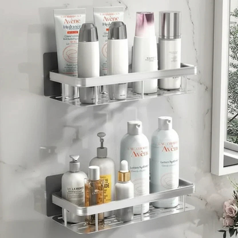 Organisateur de douche d'angle adhésif à montage mural – Étagère de rangement étanche sans perçage pour salle de bain, toilettes et lavabo – ABS et acier en noir ou argent