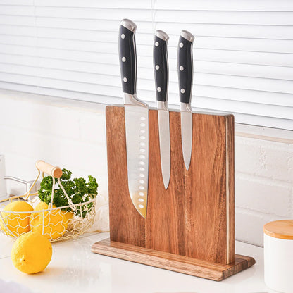 Acacia Wood Knife Organizer with Built-In Magnets for Kitchen Counter Vertical Blade Storage Stand Natural Hardwood Finish No-Drill Setup Sp