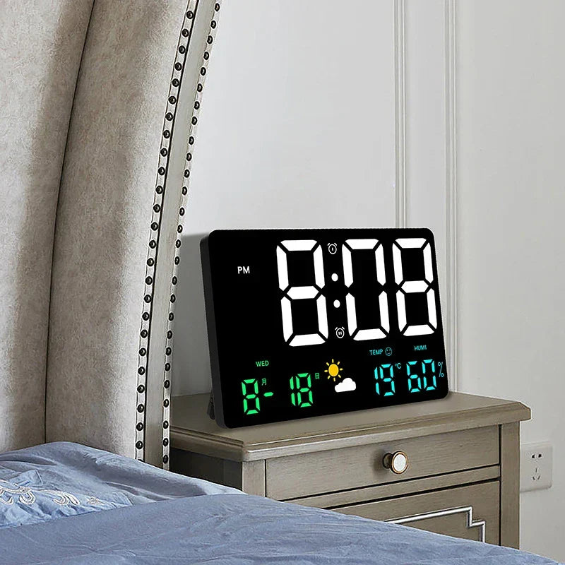 Réveil LED avec affichage météo 9,8 pouces, moniteur de température et d'humidité, télécommande, horloge numérique murale ou de bureau pour chambre et bureau