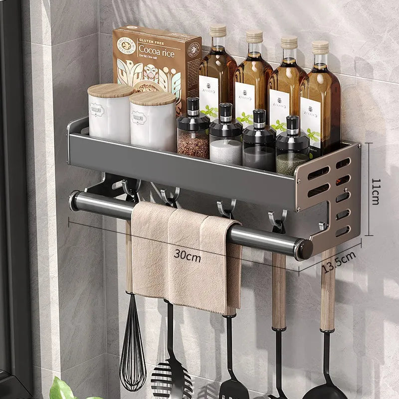 Organisateur d'étagère en aluminium, porte-épices mural de 20 pouces gris acier avec barre à serviettes, installation par adhésif ou vis pour petite cuisine ou appartement en location