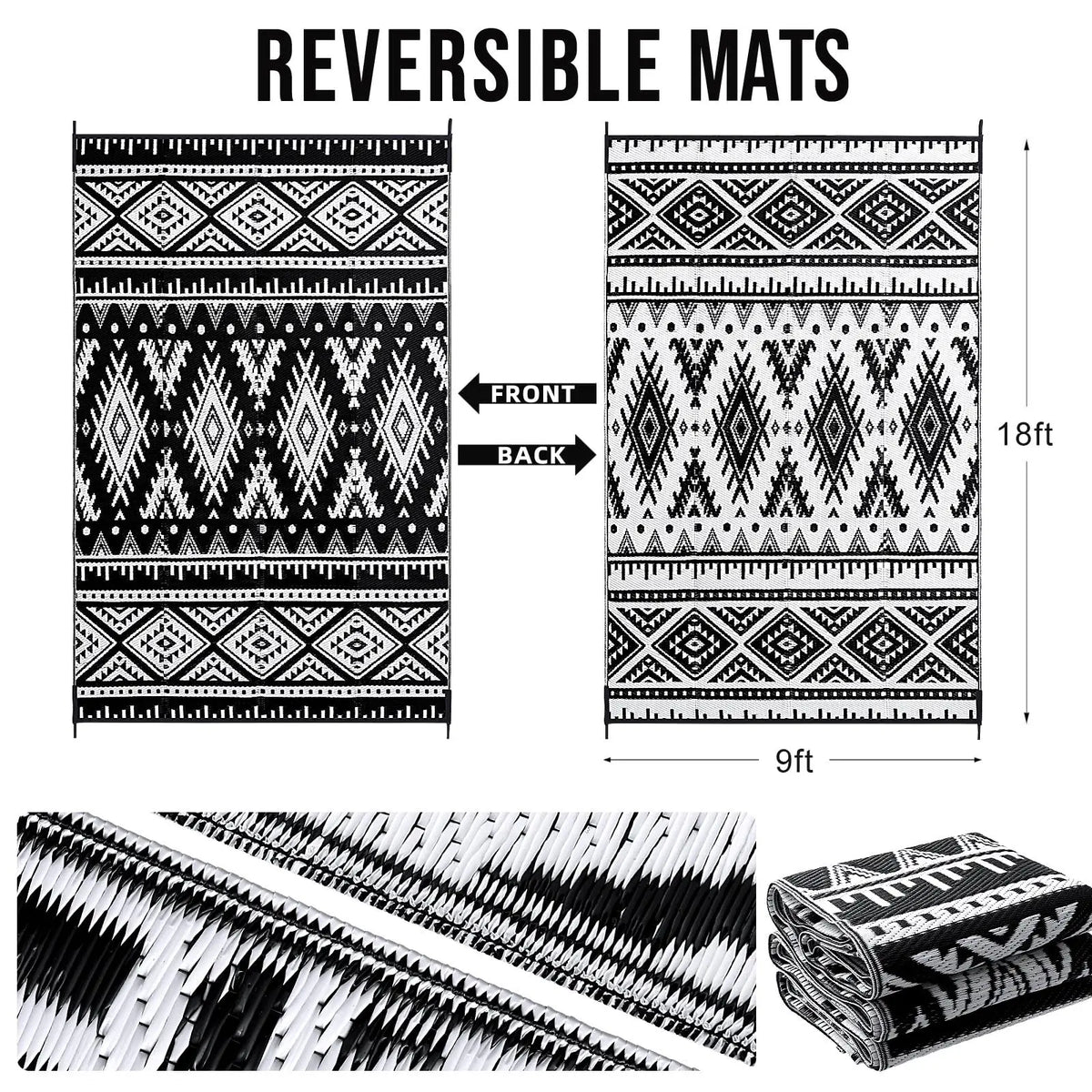 Woven Reversible Patio Mat with Braided Plastic Construction for Decks, Balconies & Camping | Weather-Resistant Geometric Floor Covering