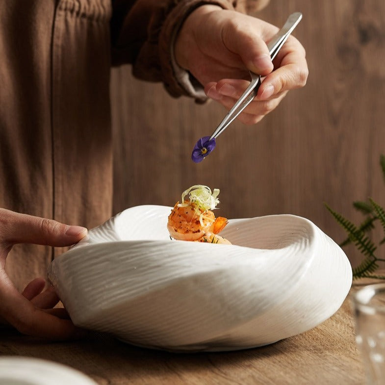 White Ceramic Dinnerware Bowl 10 Inch Spiral Textured Porcelain Dish for Salads Pasta Sides Family Dinners Parties Modern Table Décor