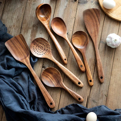 8-Piece Wooden Kitchen Tool Set Natural Wood Spatulas Spoons Ladle with Holder 12 Inch Tools for Home Cooking