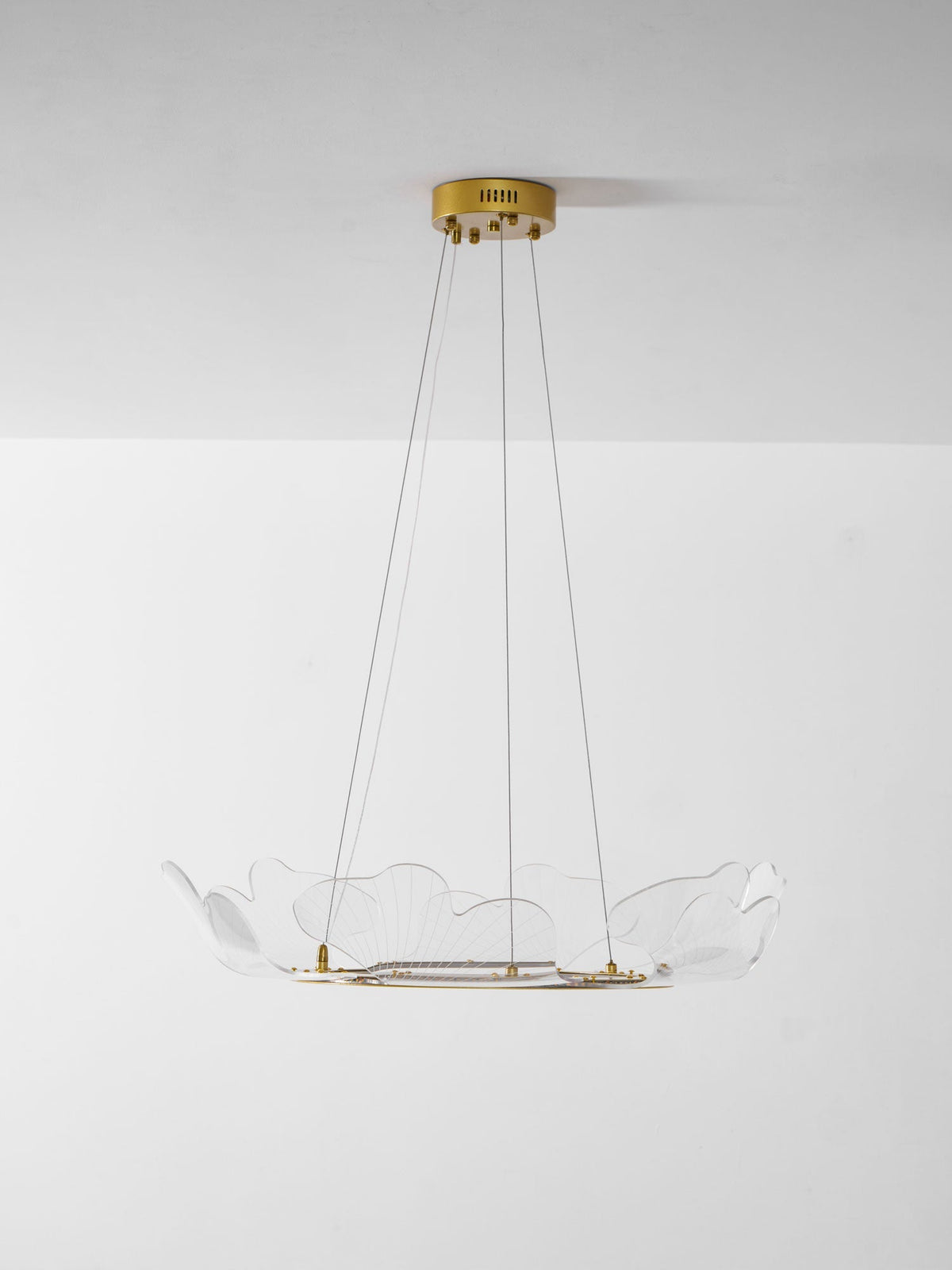 Round Pendant Light with Acrylic Leaf Diffuser 27 in Gold Adjustable Height LED for Kitchen Dining Room Office Bedroom Modern Flush Mount Fi