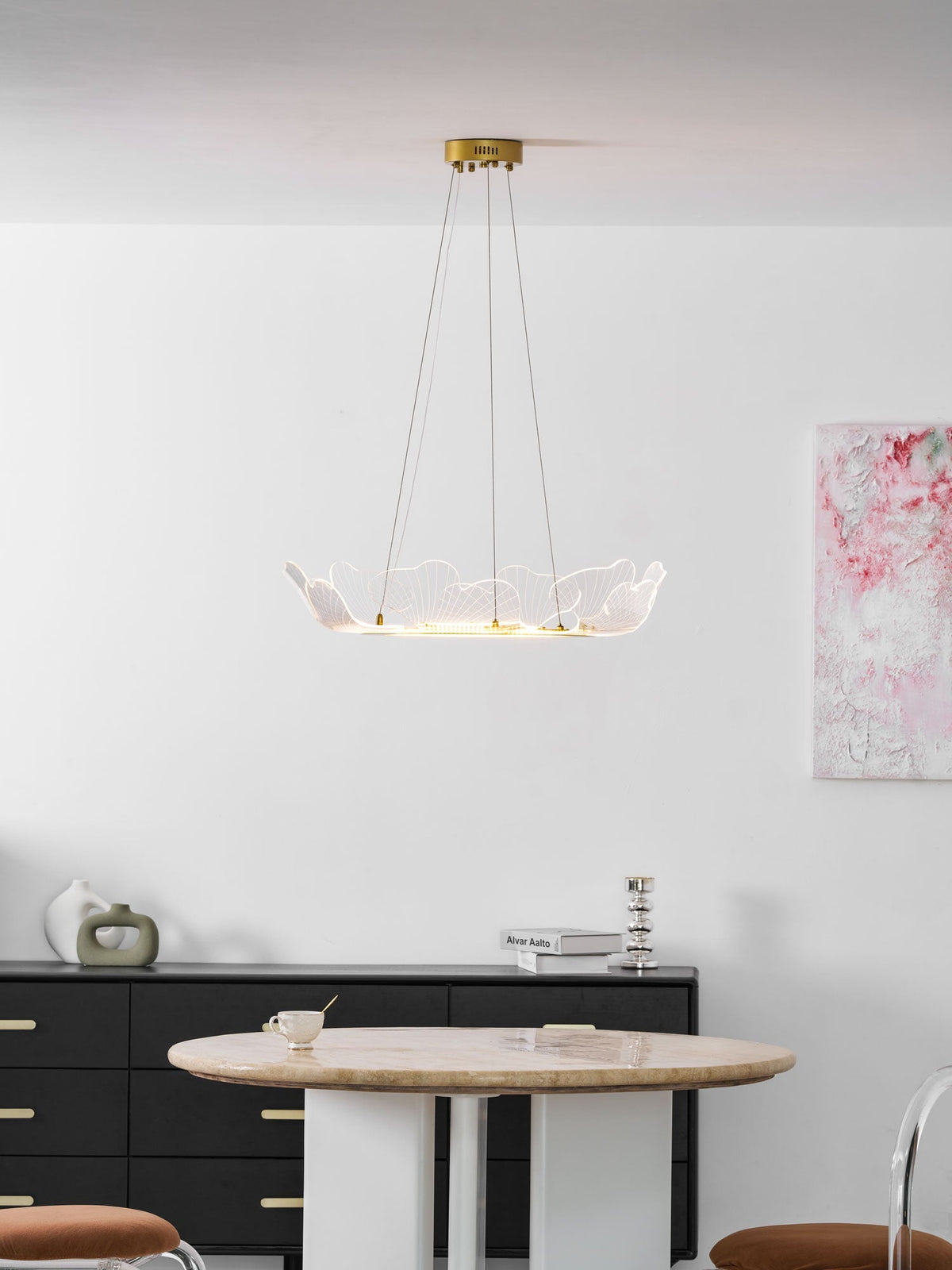 Round Pendant Light with Acrylic Leaf Diffuser 27 in Gold Adjustable Height LED for Kitchen Dining Room Office Bedroom Modern Flush Mount Fi