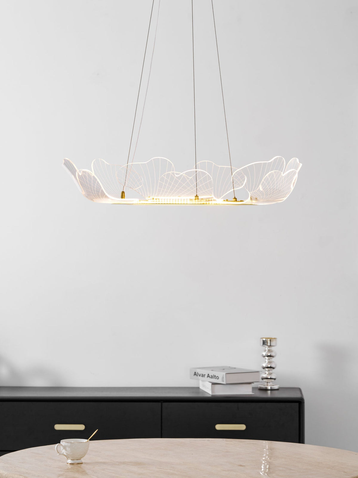 Round Pendant Light with Acrylic Leaf Diffuser 27 in Gold Adjustable Height LED for Kitchen Dining Room Office Bedroom Modern Flush Mount Fi