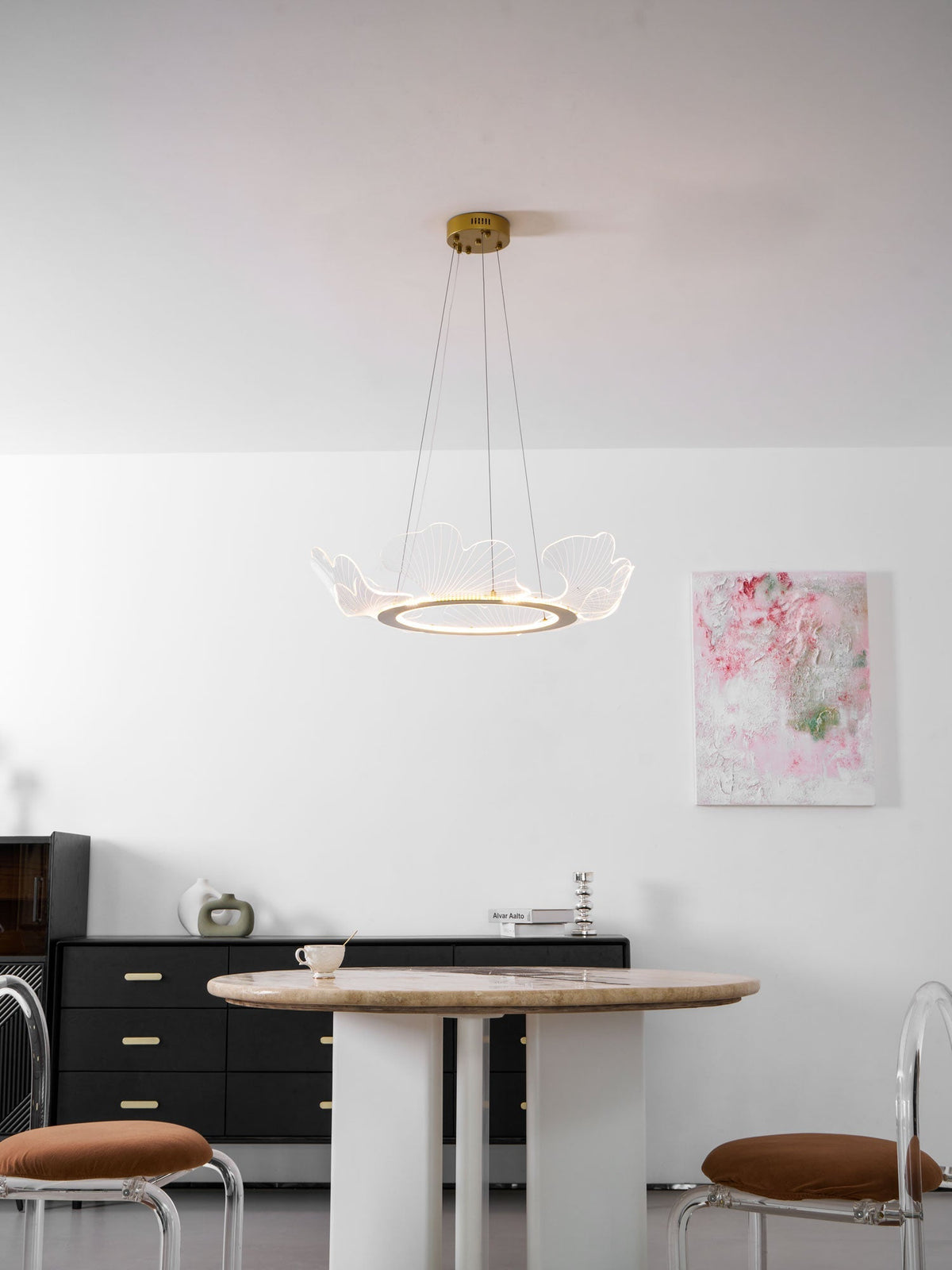 Round Pendant Light with Acrylic Leaf Diffuser 27 in Gold Adjustable Height LED for Kitchen Dining Room Office Bedroom Modern Flush Mount Fi