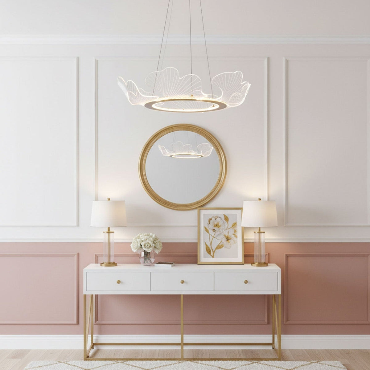 Round Pendant Light with Acrylic Leaf Diffuser 27 in Gold Adjustable Height LED for Kitchen Dining Room Office Bedroom Modern Flush Mount Fi