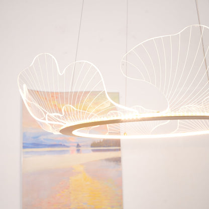 Round Pendant Light with Acrylic Leaf Diffuser 27 in Gold Adjustable Height LED for Kitchen Dining Room Office Bedroom Modern Flush Mount Fi