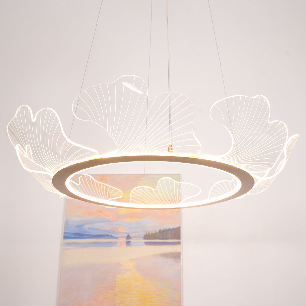 Round Pendant Light with Acrylic Leaf Diffuser 27 in Gold Adjustable Height LED for Kitchen Dining Room Office Bedroom Modern Flush Mount Fi