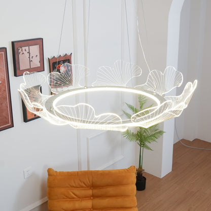 Round Pendant Light with Acrylic Leaf Diffuser 27 in Gold Adjustable Height LED for Kitchen Dining Room Office Bedroom Modern Flush Mount Fi