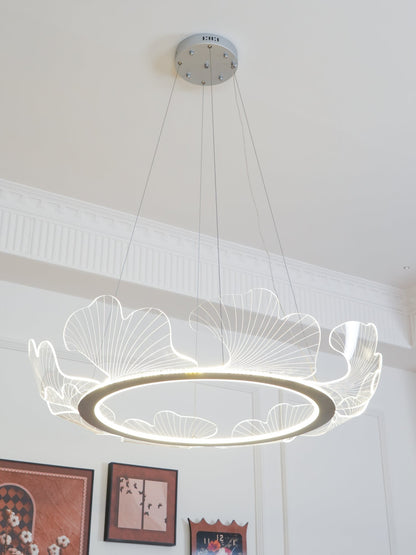 Round Pendant Light with Acrylic Leaf Diffuser 27 in Gold Adjustable Height LED for Kitchen Dining Room Office Bedroom Modern Flush Mount Fi