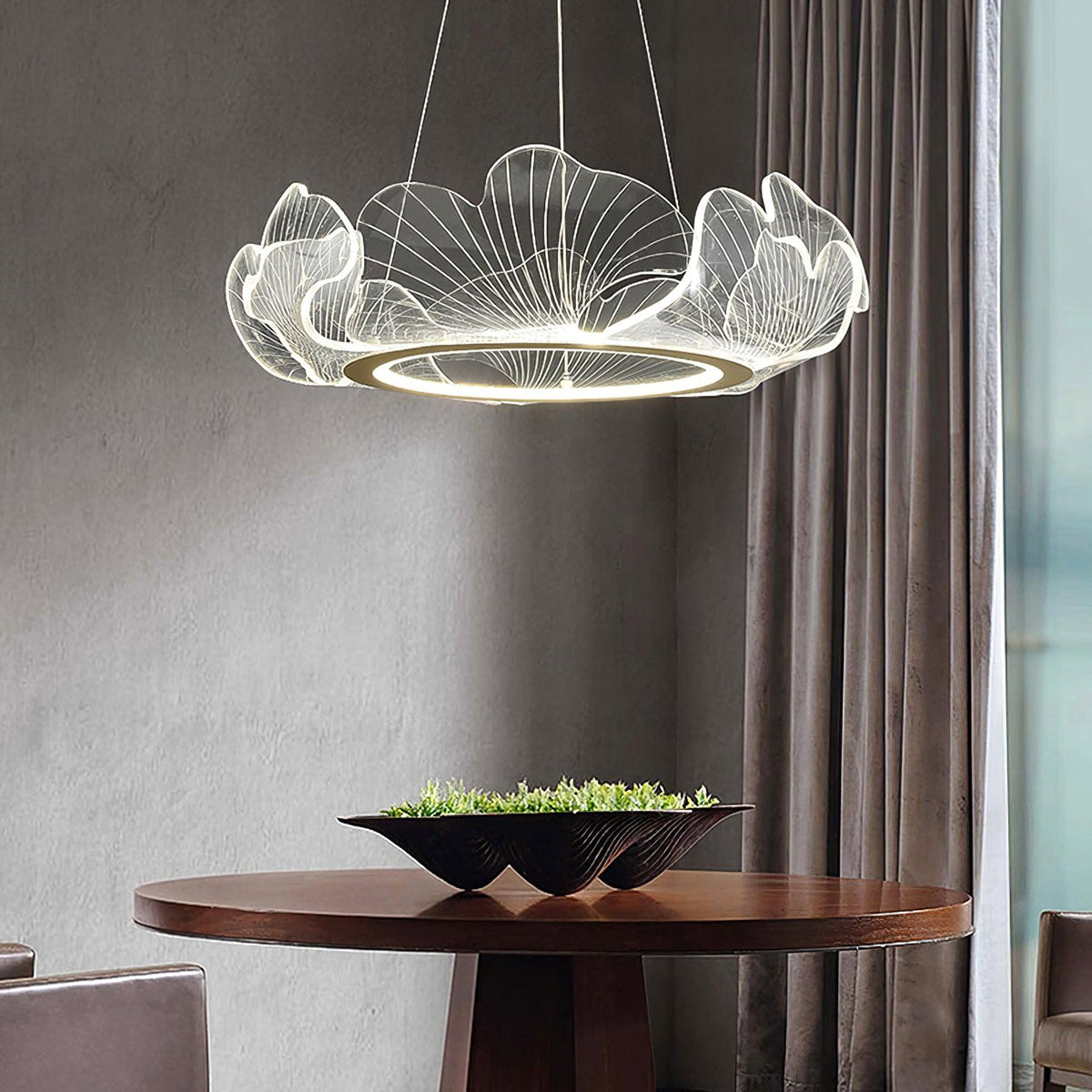 Round Pendant Light with Acrylic Leaf Diffuser 27 in Gold Adjustable Height LED for Kitchen Dining Room Office Bedroom Modern Flush Mount Fi