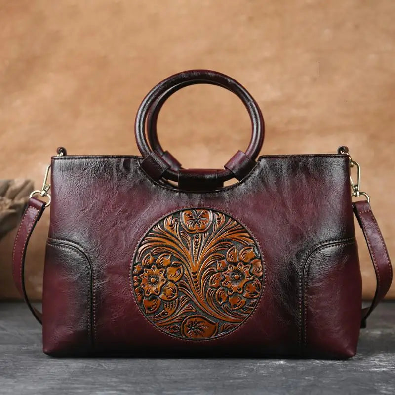 Embossed Leather Handbag for Women with Adjustable Strap and Multiple Compartments – Vintage-Inspired Shoulder Bag Purse