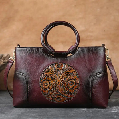 Embossed Leather Handbag for Women with Adjustable Strap and Multiple Compartments – Vintage-Inspired Shoulder Bag Purse