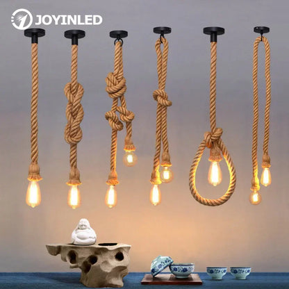 Rope Hanging Light Fixture E27 Socket Industrial Farmhouse Style for Kitchen Island Dining Room Bedroom Adjustable Cord Edison Bulb Compatib